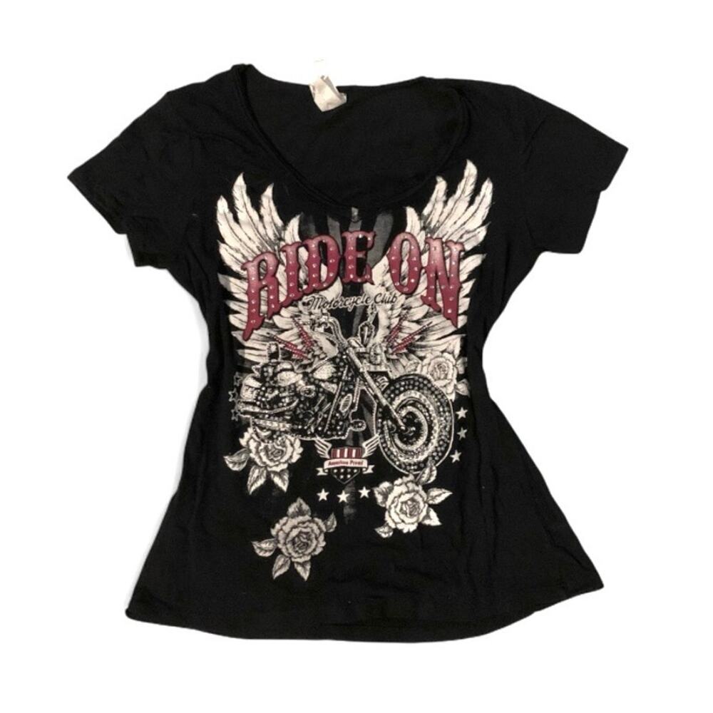 Ride On Y2K McBling Black Rhinestone Biker Graphic Tee Medium